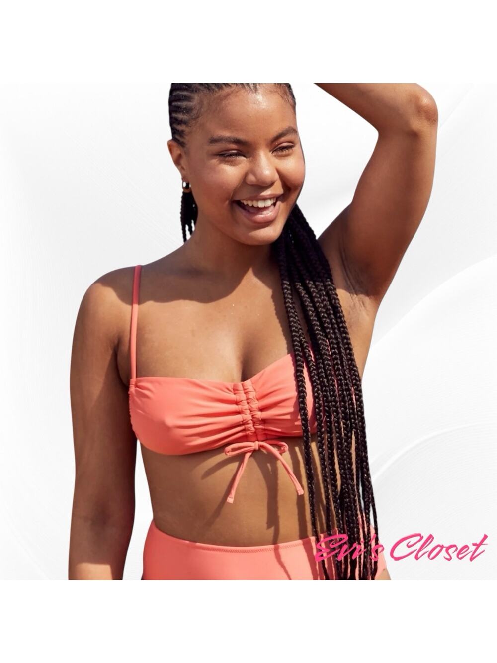 Aerie Swimwear Women's Bandeau Bikini Gathered Top Ruched Coral  Sz S NWT